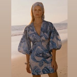 Stunning Linen Mosaic Dress Puffy Sleeves Dress